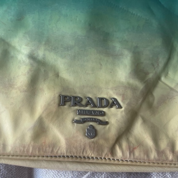 Auth Prada Ombre Turquoise/Yellow Patent Leather Clutch w/mirror Satin Purse bag - Picture 7 of 15